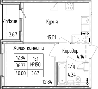 1-комнатная квартира 36.33 м², 1/4 эт., ЖК «Любоград в Стрельне»